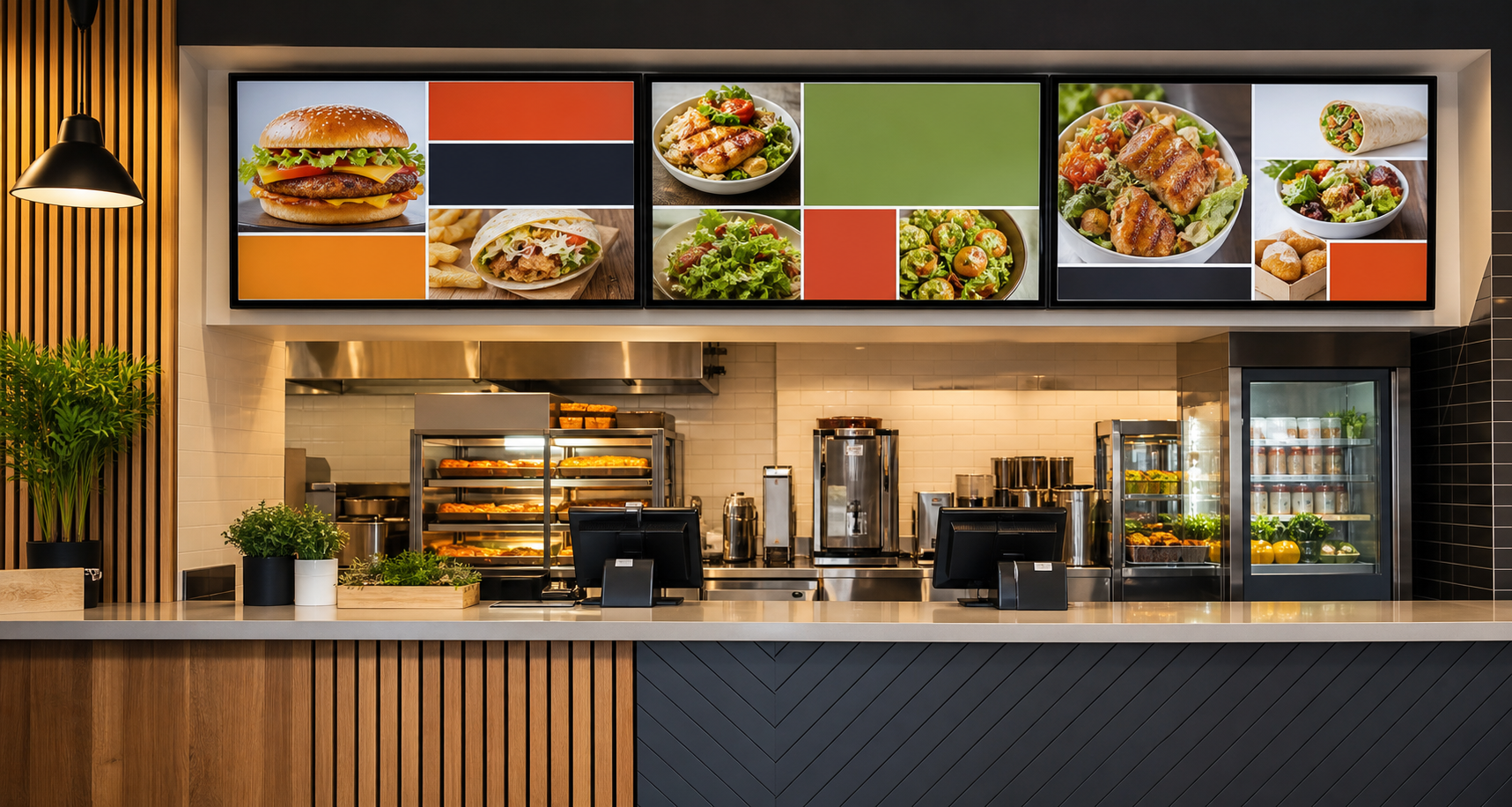 Restaurant digital menu boards over a service counter