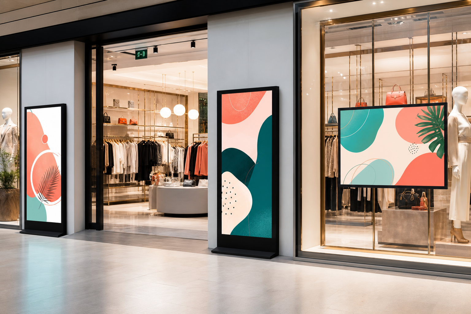 Retail storefront with vertical digital poster displays